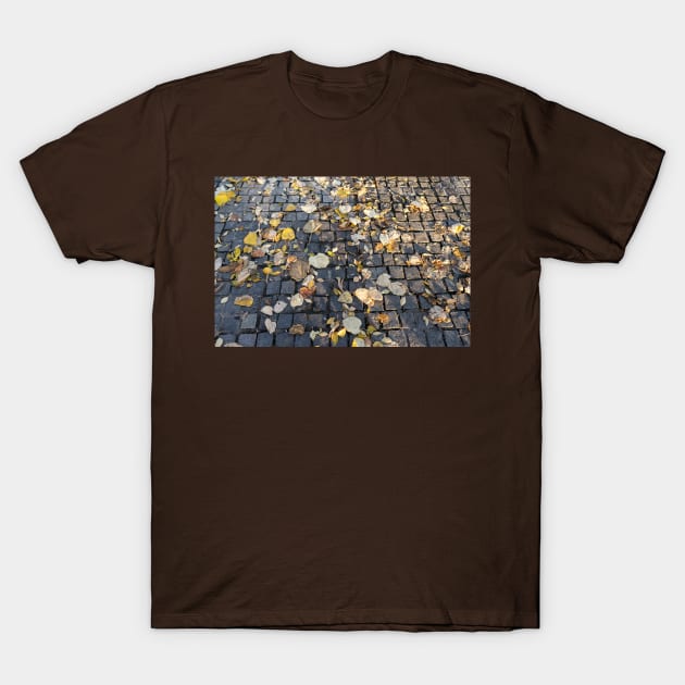 Yellow and orange fallen autumn leaves on the sidewalk T-Shirt by NxtArt